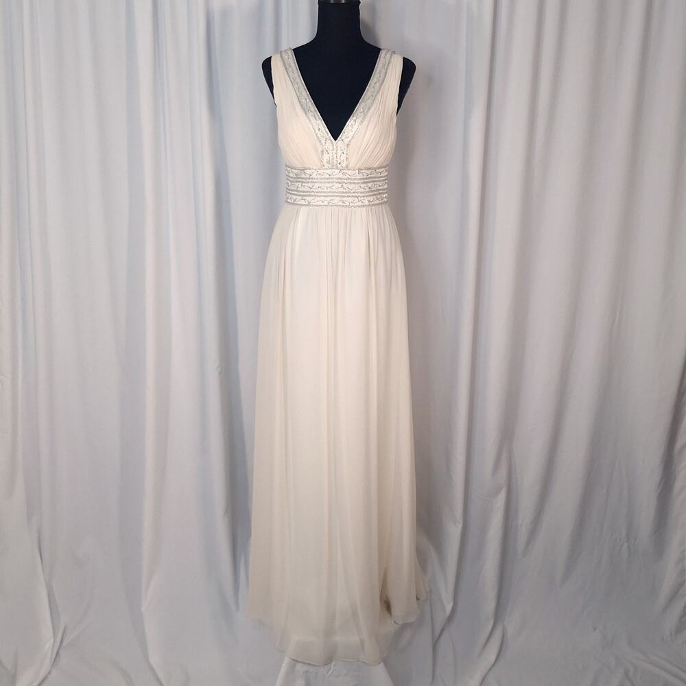Vintage 90s Oleg Cassini Ivory Silk Chiffon Beaded Grecian Wedding Gown Size 2